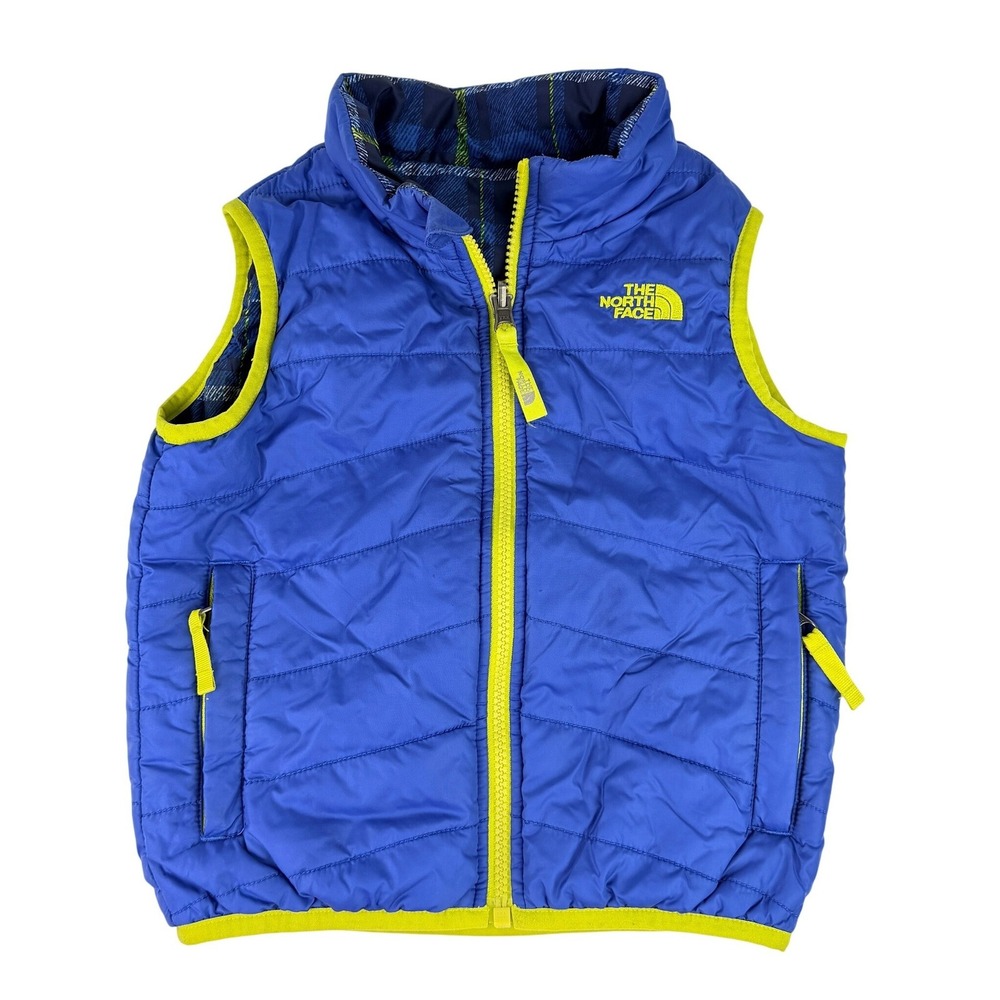 The North Face Toddler Reversible Chimbo Mossbud Puffer Vest Blue Plaid 3T